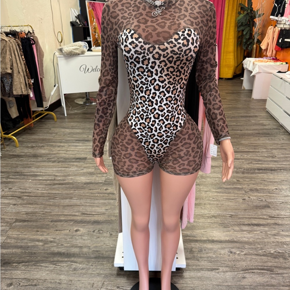 Leopard Print Mesh Bodysuit Romper